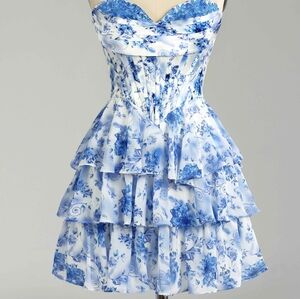 Romantic Blue Floral Strapless Ruffle Dress